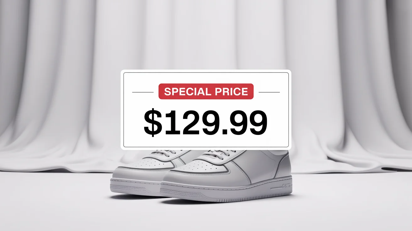 A pair of stylish sneakers on a white background, with a digital price tag overlay showing a special price of $129.99.