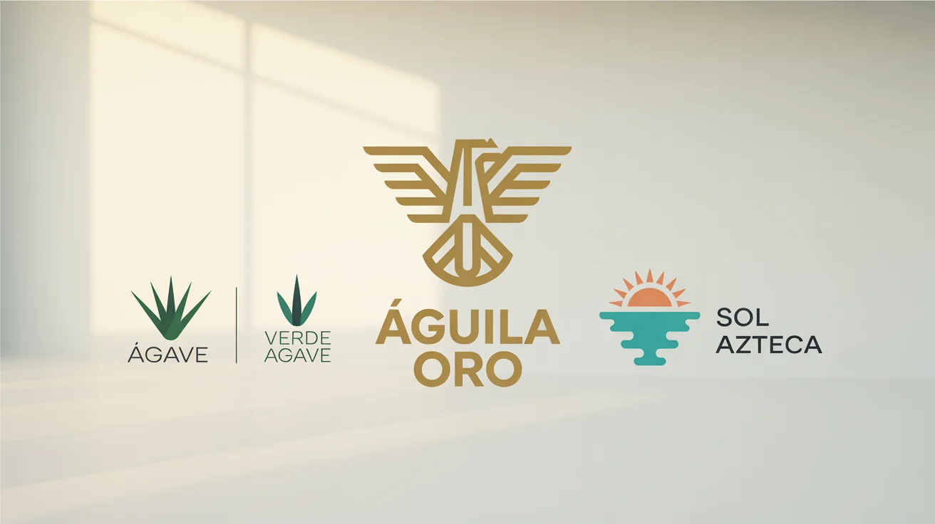 A collection of modern, professionally designed logos with Mexican themes, displayed on a clean background. Includes a golden eagle logo, a green agave logo, and a turquoise Aztec sun logo, each with a fictional brand name.