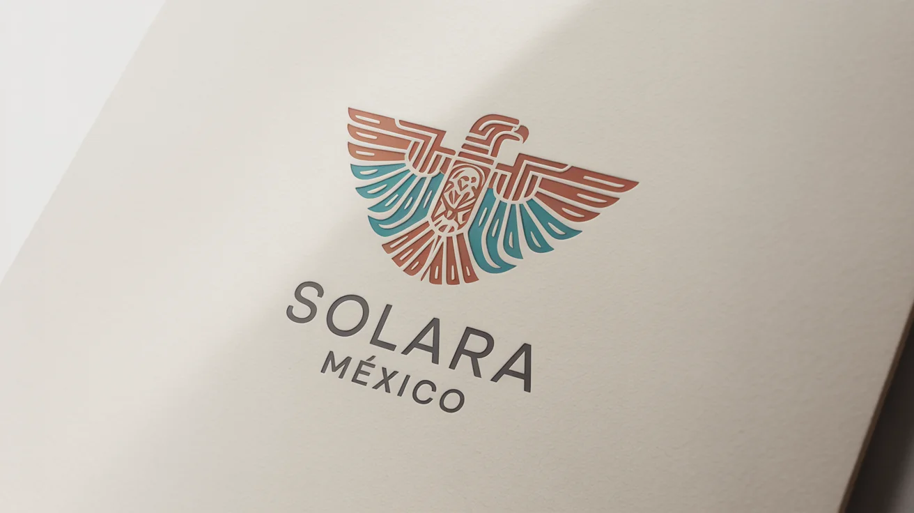 A professionally designed logo for a fictional brand, 'Solara México', featuring a stylized Aztec-inspired eagle in terracotta and turquoise, presented on a white background.
