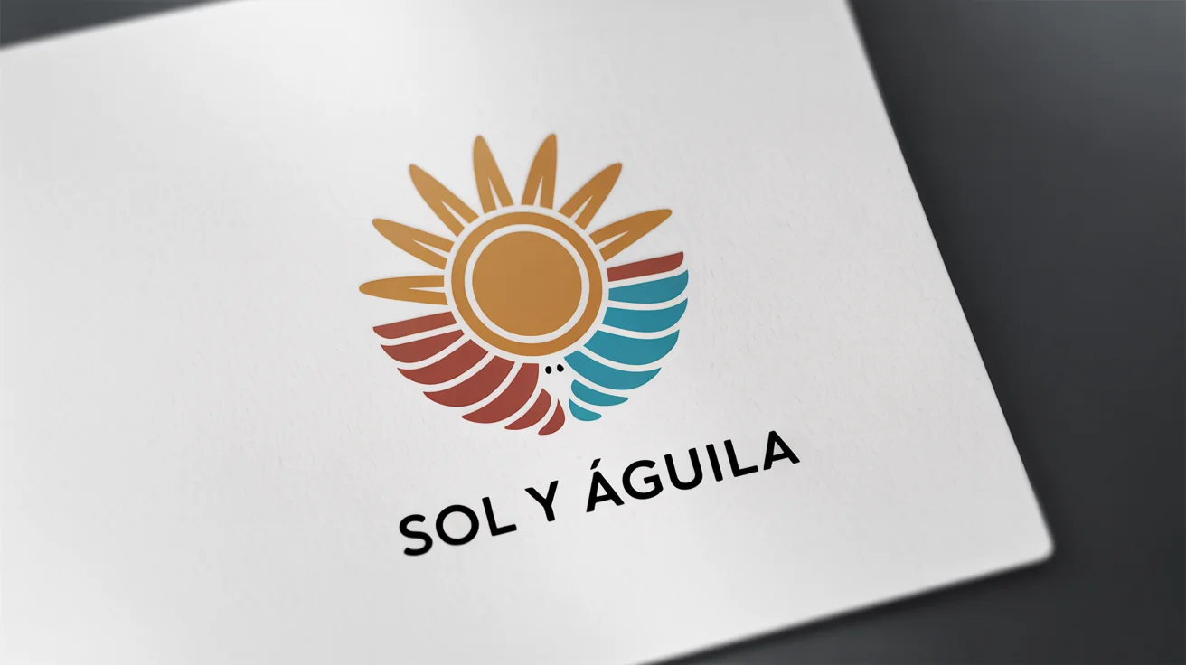 A modern logo inspired by Mexico, featuring a geometric Aztec sun and eagle feather design in ochre, red, and turquoise. The fictional brand name 'Sol y Águila' is displayed below the emblem on a white background.