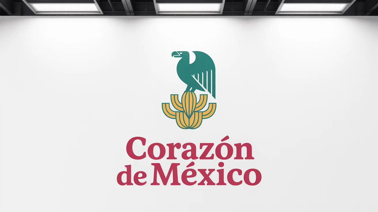 A modern, minimalist logo of a geometric eagle on a cactus in magenta, yellow, and turquoise, with the text 'Corazón de México' below it on a white background.