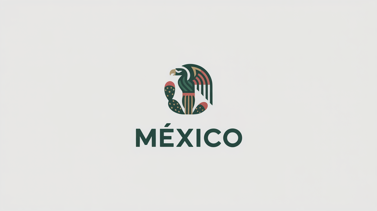 A modern logo for Mexico, featuring a stylized geometric eagle and cactus with Aztec-inspired patterns. The word 'MÉXICO' is displayed below the icon. The design uses green, red, and gold colors on a clean white background.