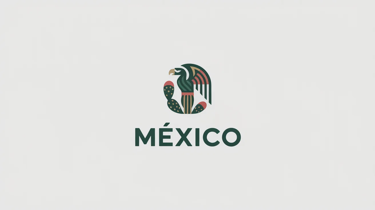 A modern logo for Mexico, featuring a stylized geometric eagle and cactus with Aztec-inspired patterns. The word 'MÉXICO' is displayed below the icon. The design uses green, red, and gold colors on a clean white background.