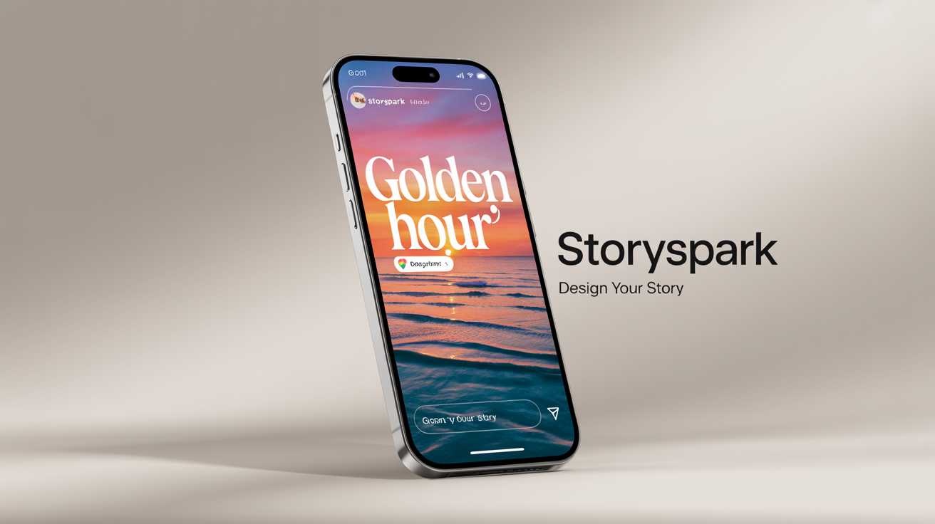 A smartphone on a clean background displays a finished Instagram story design. The story features a beach sunset background with the elegant text 'Golden Hour', demonstrating the final output of a design template.