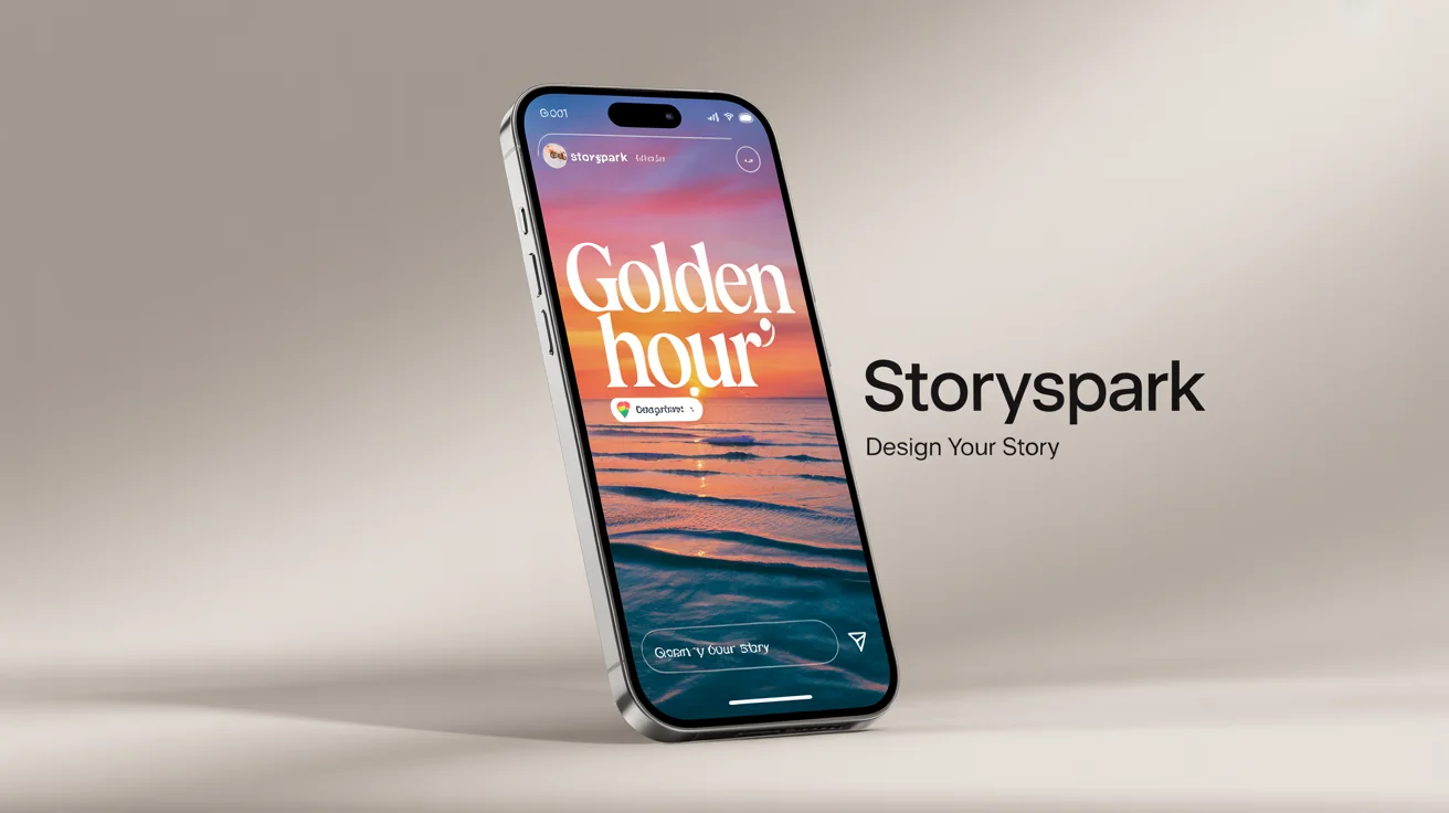 A smartphone on a clean background displays a finished Instagram story design. The story features a beach sunset background with the elegant text 'Golden Hour', demonstrating the final output of a design template.
