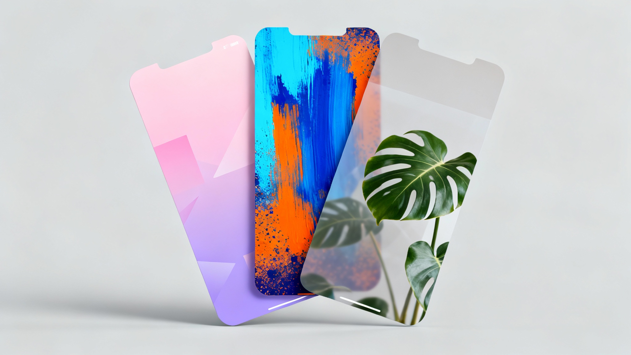 Three distinct Instagram story background designs displayed in a mockup. One features a soft pastel gradient, another has vibrant abstract brush strokes, and the third shows a calming nature photo.