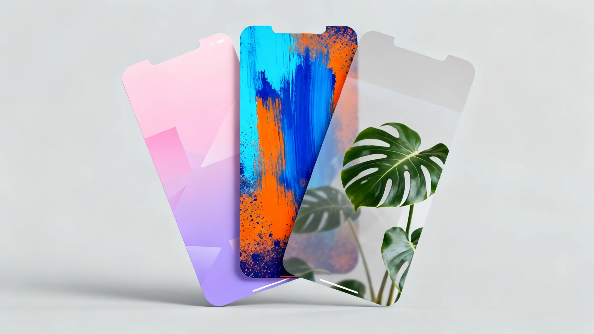 Three distinct Instagram story background designs displayed in a mockup. One features a soft pastel gradient, another has vibrant abstract brush strokes, and the third shows a calming nature photo.