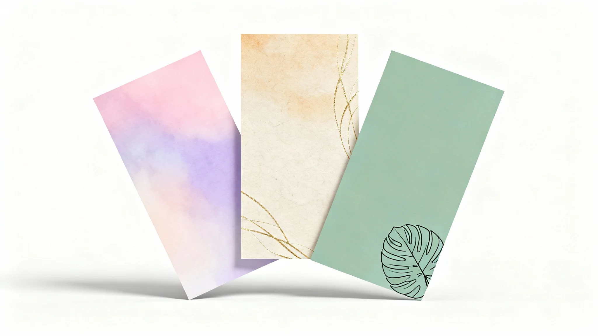 A mockup of three different Instagram story background templates fanned out on a white surface. The templates feature a pastel gradient, a textured beige with gold lines, and a sage green with a leaf illustration.
