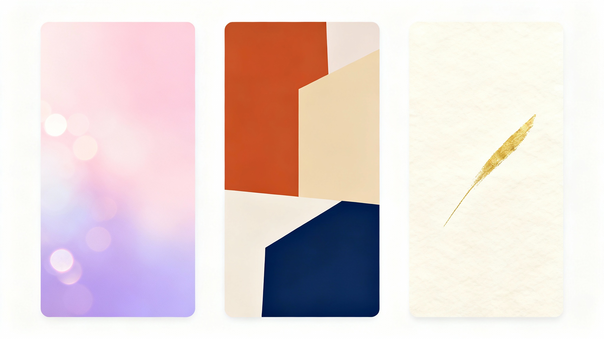 Three distinct Instagram story backgrounds displayed as mockups on a white background: one with a pastel gradient, one with bold geometric shapes, and one with a minimalist cream texture.