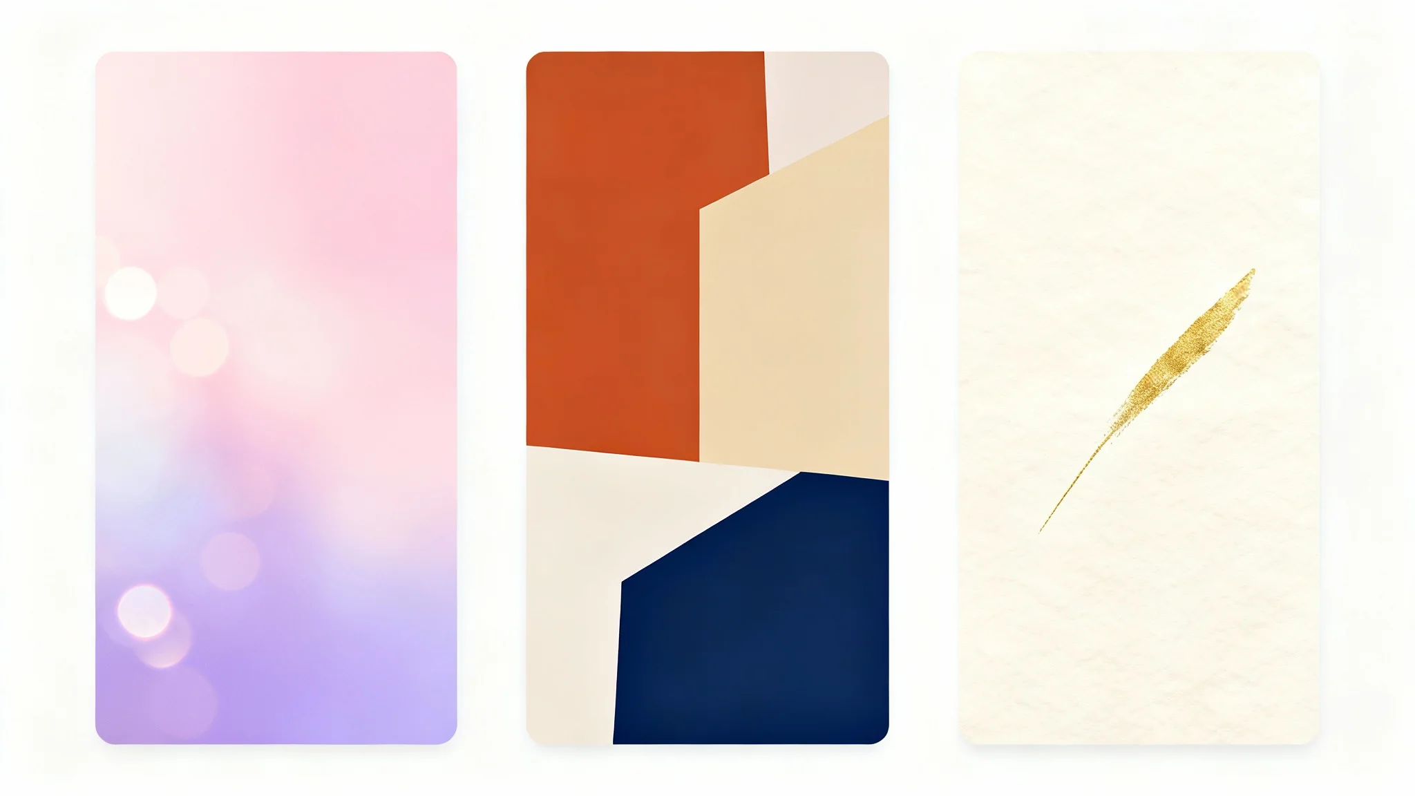 Three distinct Instagram story backgrounds displayed as mockups on a white background: one with a pastel gradient, one with bold geometric shapes, and one with a minimalist cream texture.