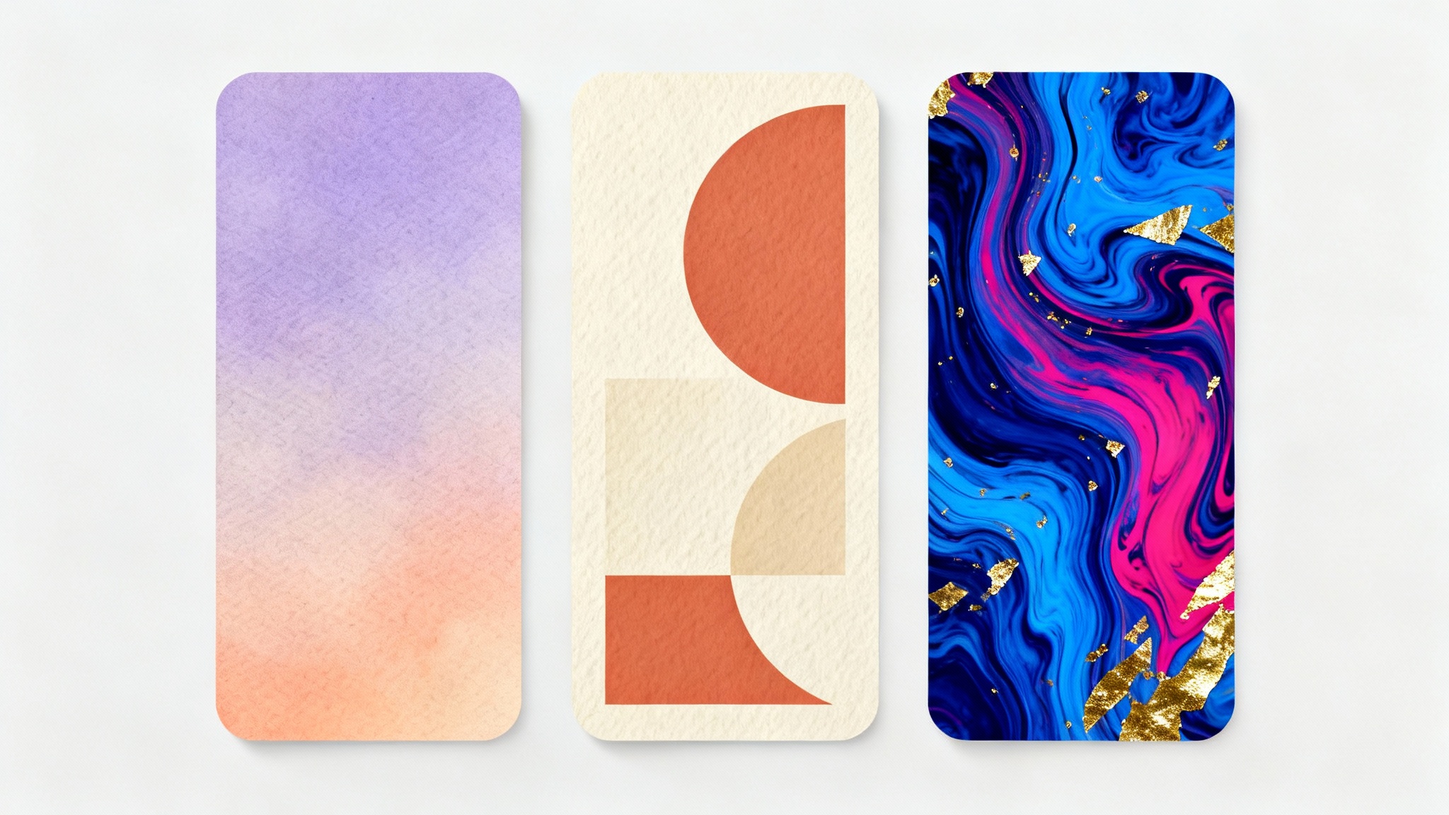 Three mockups of trendy Instagram story backgrounds displayed side-by-side. The first is a soft pastel gradient, the second is a minimalist abstract design, and the third is a vibrant liquid marble effect.