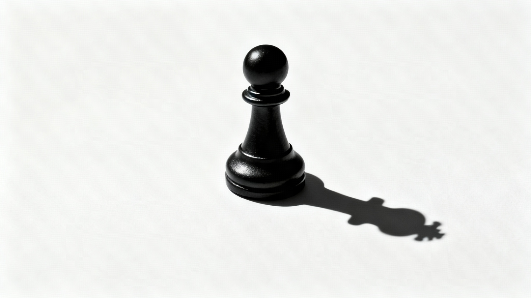 A matte black chess pawn stands on a white surface, but its shadow is that of a much larger and more powerful chess queen, illustrating a change in perspective.