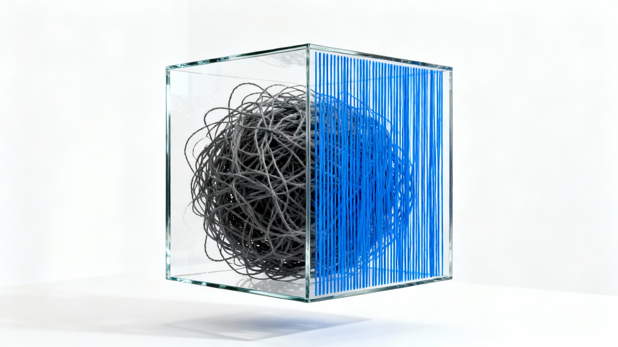 A conceptual photo on a white background showing a glass cube. Looking through one side reveals chaotic tangled lines, while looking through another shows perfectly straight, ordered lines, symbolizing a change in perspective.
