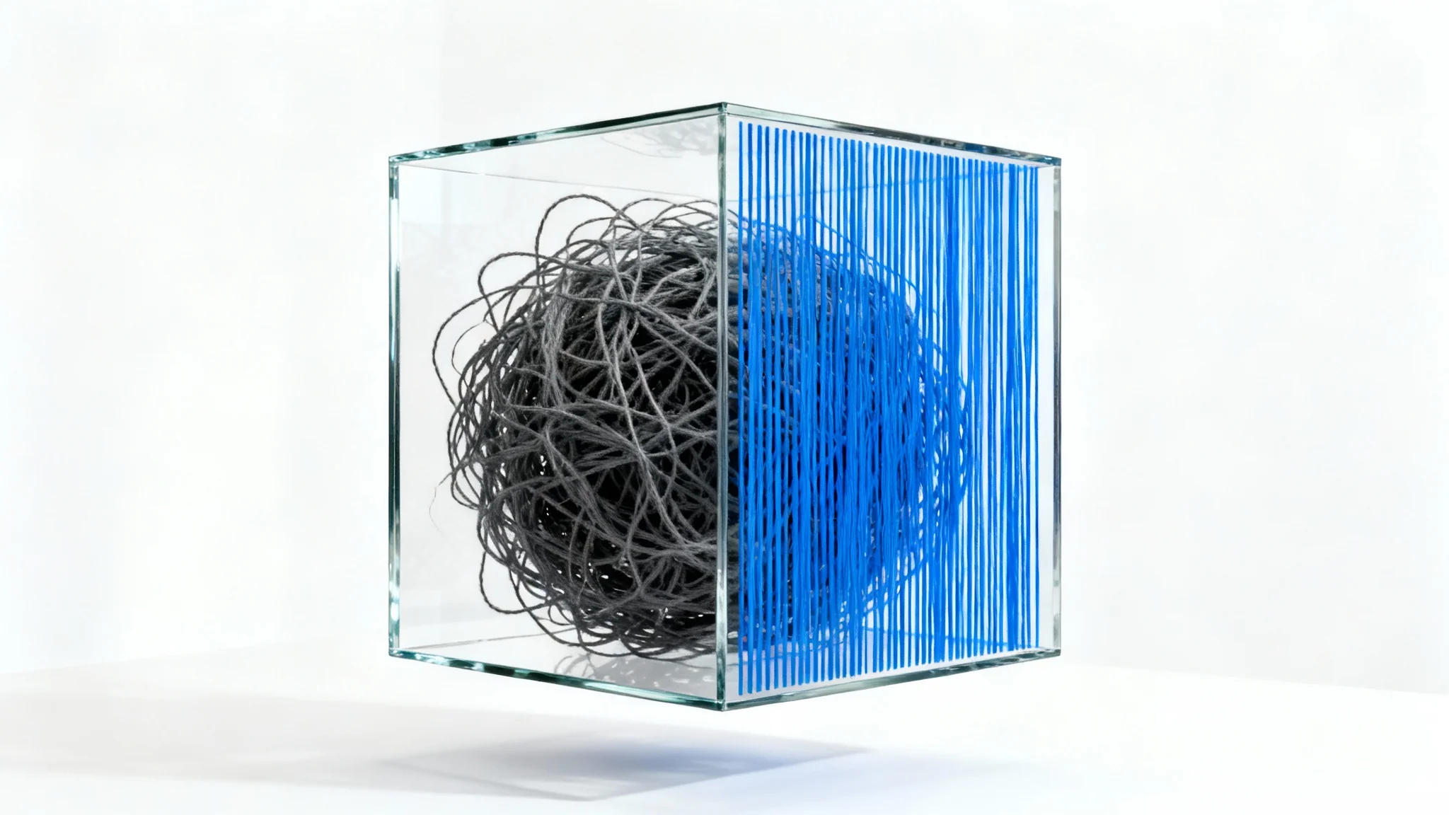 A conceptual photo on a white background showing a glass cube. Looking through one side reveals chaotic tangled lines, while looking through another shows perfectly straight, ordered lines, symbolizing a change in perspective.