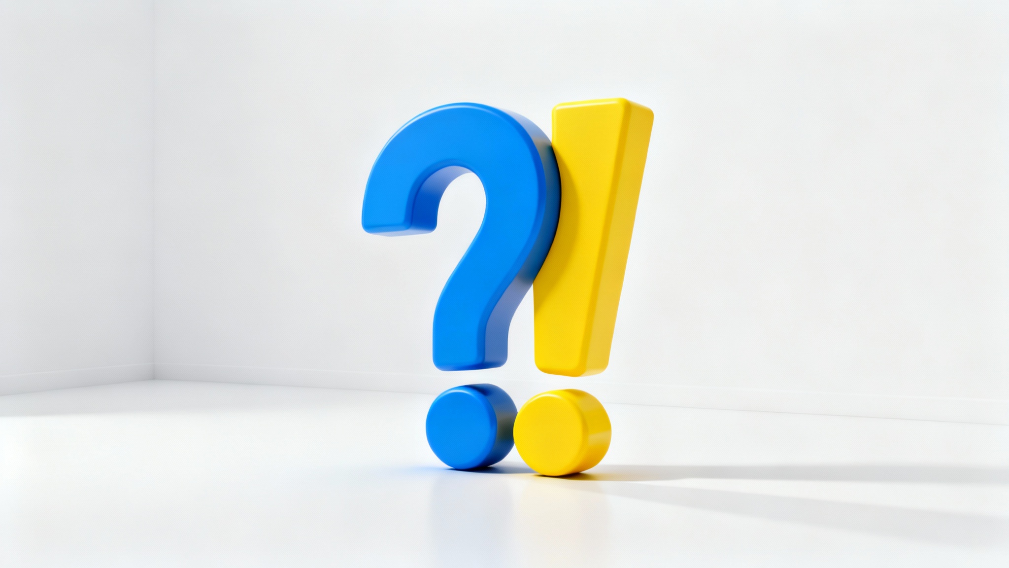 A 3D abstract sculpture on a white background that looks like a question mark from one angle and an exclamation point from another, symbolizing a change in perspective.