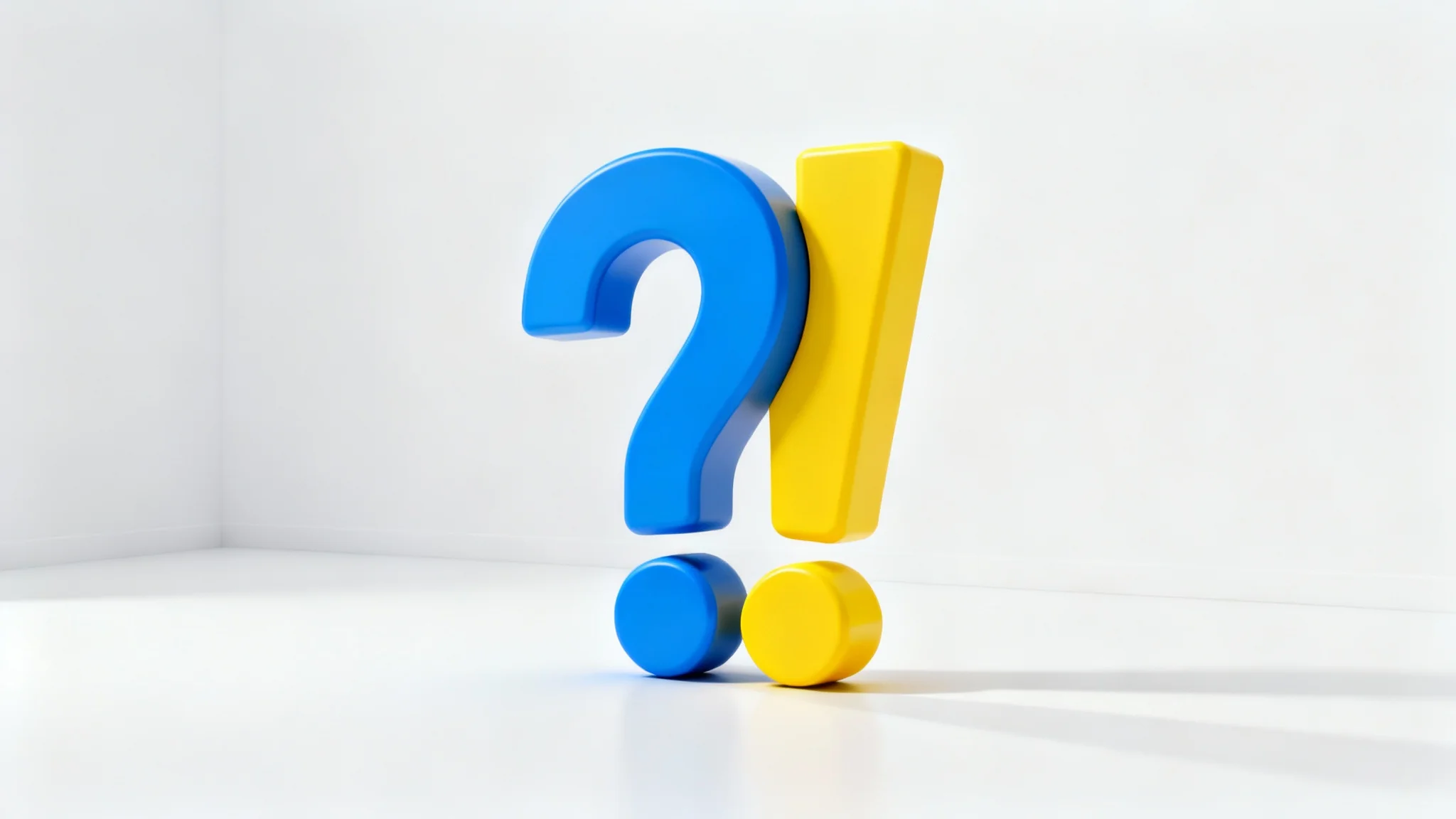 A 3D abstract sculpture on a white background that looks like a question mark from one angle and an exclamation point from another, symbolizing a change in perspective.