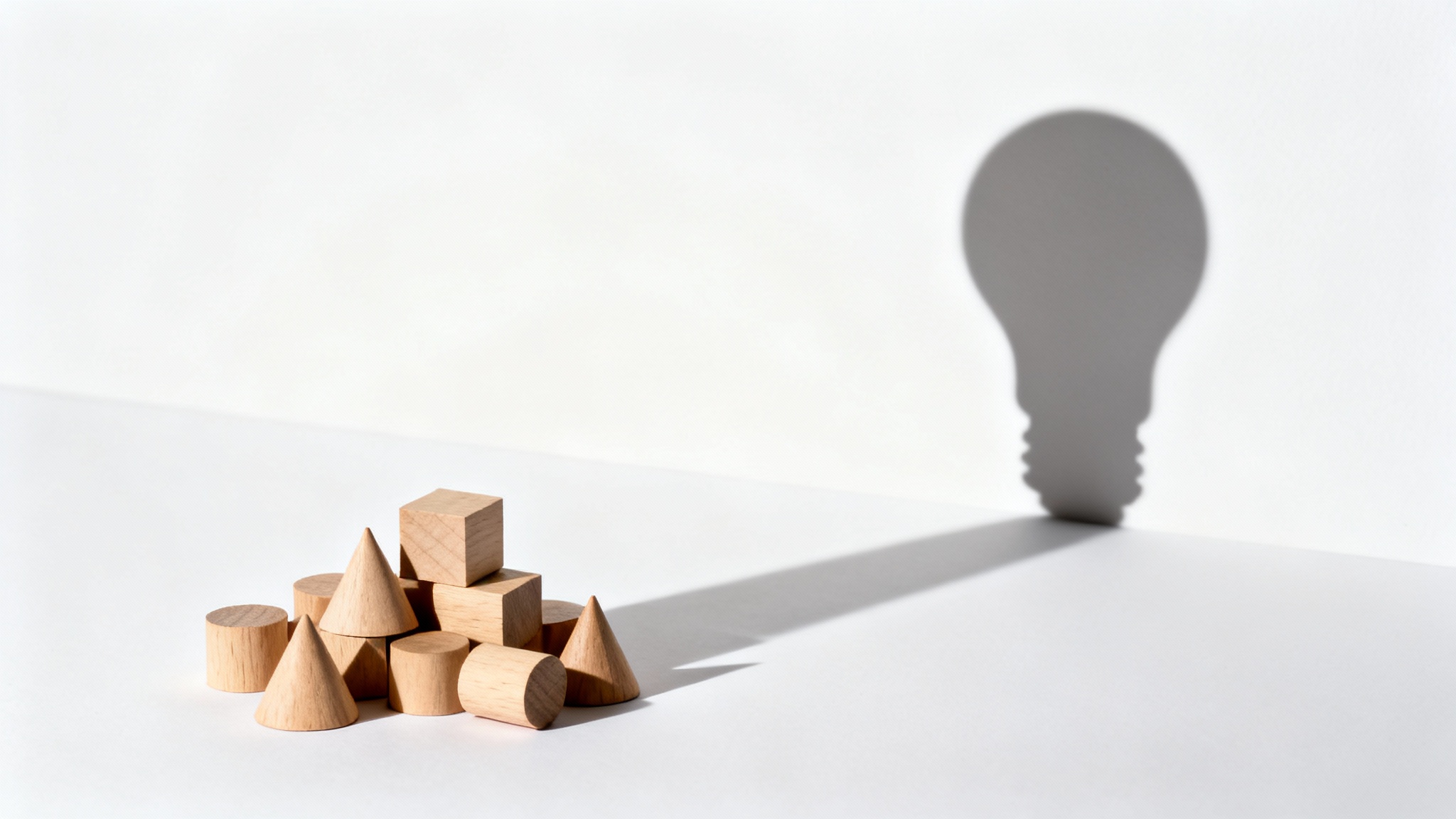 A conceptual image illustrating a change in perspective, showing a random pile of wooden blocks casting a perfectly formed shadow of a lightbulb against a white background.