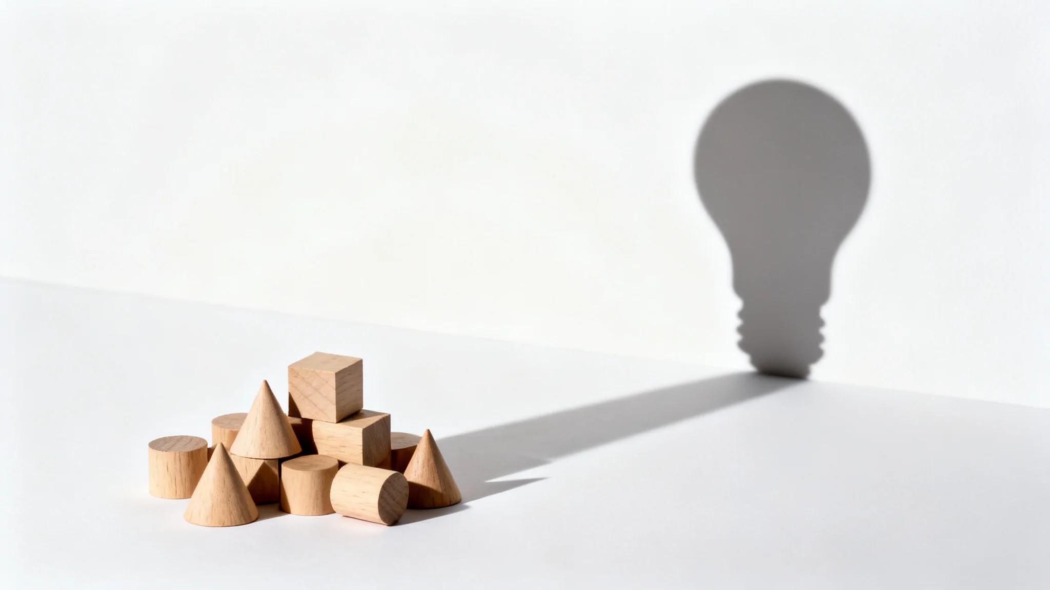 A conceptual image illustrating a change in perspective, showing a random pile of wooden blocks casting a perfectly formed shadow of a lightbulb against a white background.