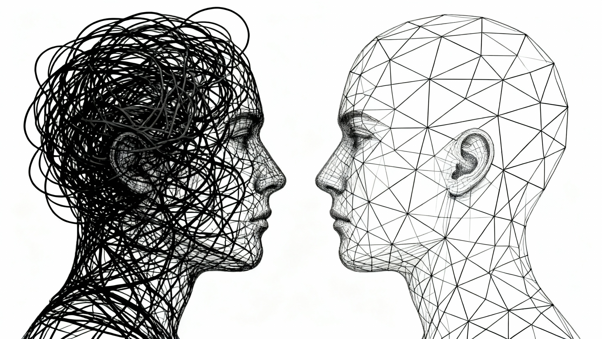 A minimalist graphic showing two silhouetted heads on a white background. One head contains chaotic scribbles, while the other contains neat, orderly lines, symbolizing a change in perspective from chaos to clarity.