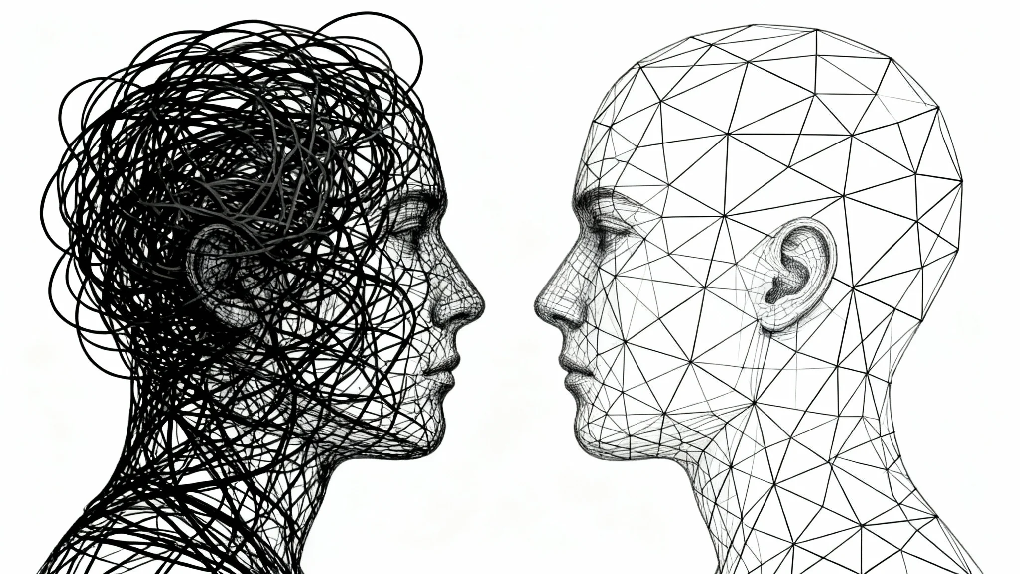 A minimalist graphic showing two silhouetted heads on a white background. One head contains chaotic scribbles, while the other contains neat, orderly lines, symbolizing a change in perspective from chaos to clarity.