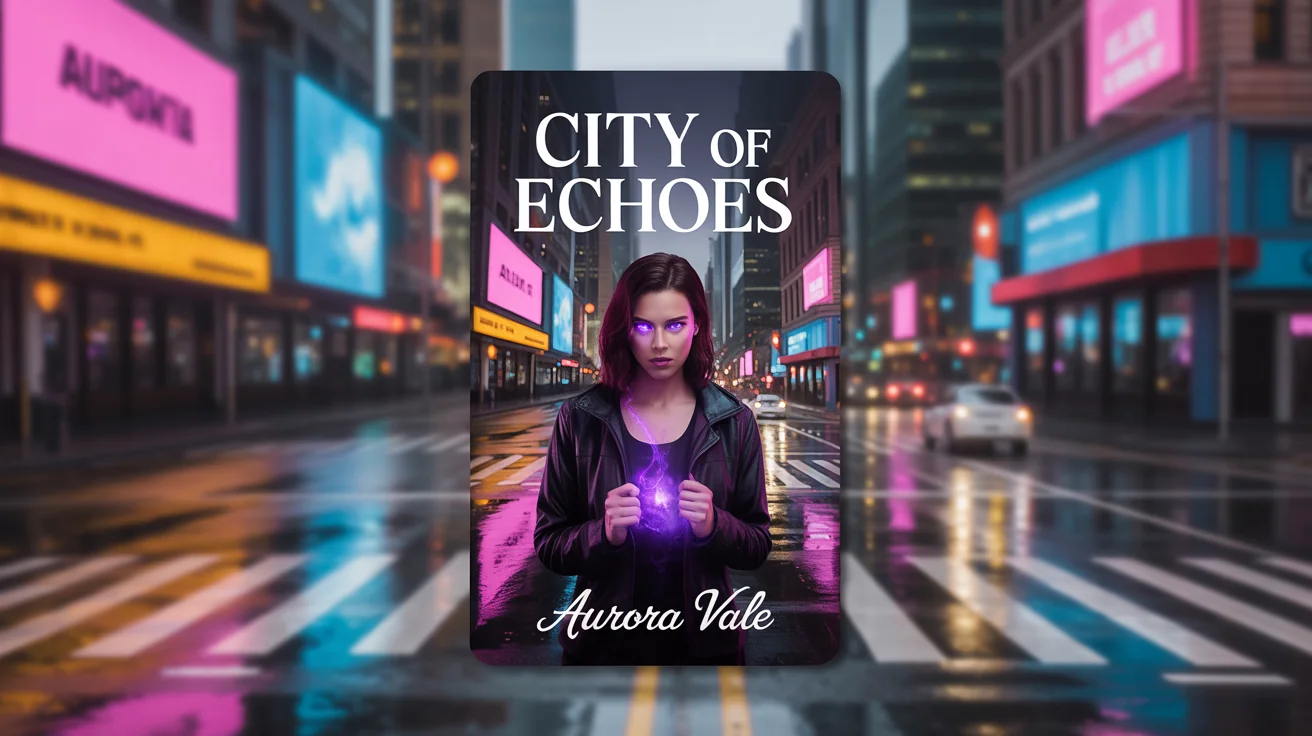A professional mockup of an urban fantasy Wattpad book cover titled 'City of Echoes' by 'Aurora Vale'. The cover depicts a woman with glowing eyes standing on a rainy city street at night.