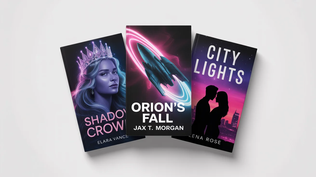 A mockup of three distinct, professionally designed Wattpad book covers for fantasy, sci-fi, and romance genres, fanned out against a plain white background.