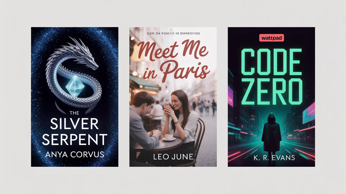 A mockup showing three professionally designed Wattpad book covers for fantasy, romance, and sci-fi genres, demonstrating unique cover design to attract readers.
