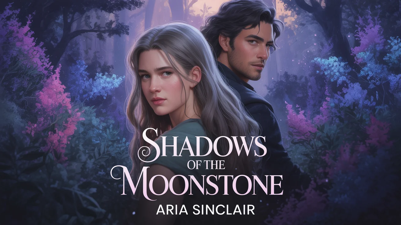 A professionally designed Wattpad book cover mockup for a fantasy romance story titled 'Shadows of the Moonstone' by author 'Aria Sinclair', standing on a white background.