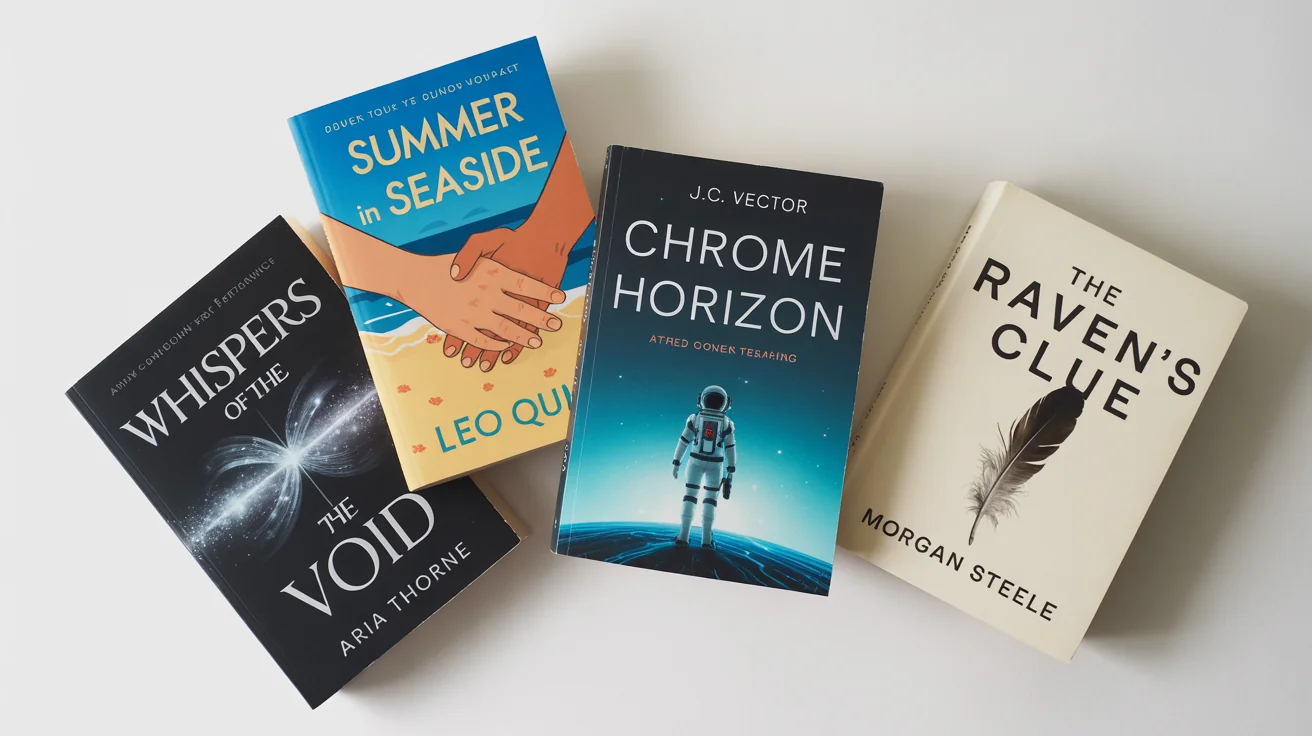 A flat lay image displaying four unique and professionally designed Wattpad book covers for fantasy, romance, sci-fi, and mystery genres, arranged on a clean white background to showcase design variety.