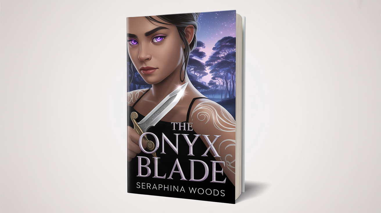 A professional mockup of a fantasy novel Wattpad cover titled 'The Onyx Blade' by 'Seraphina Woods', featuring a young woman with a dagger in a magical forest.