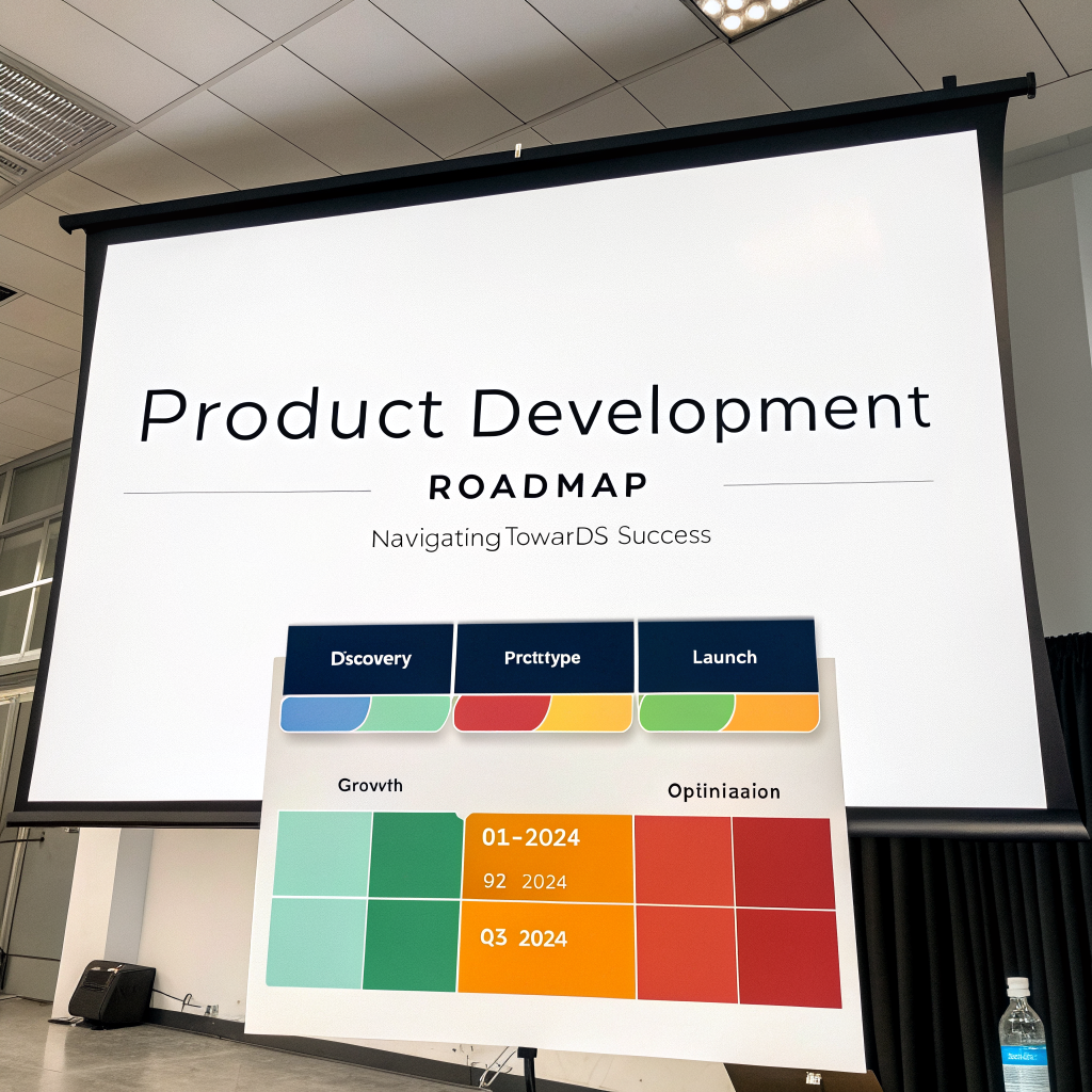 A professionally designed product roadmap slide in a 16:9 aspect ratio. The slide, titled 'Product Development Roadmap', displays a timeline with five color-coded phases: Discovery, Development, Launch, Growth, and Optimization, complete with minimalist icons and milestones, all set against a clean, minimal background.