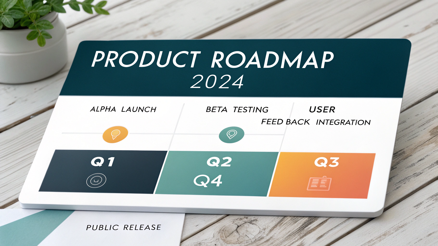 A professional mockup of a product roadmap slide for 2024, displayed on a white background. The slide shows a timeline from Q1 to Q4 with key milestones including 'Alpha Launch' and 'Public Release'.