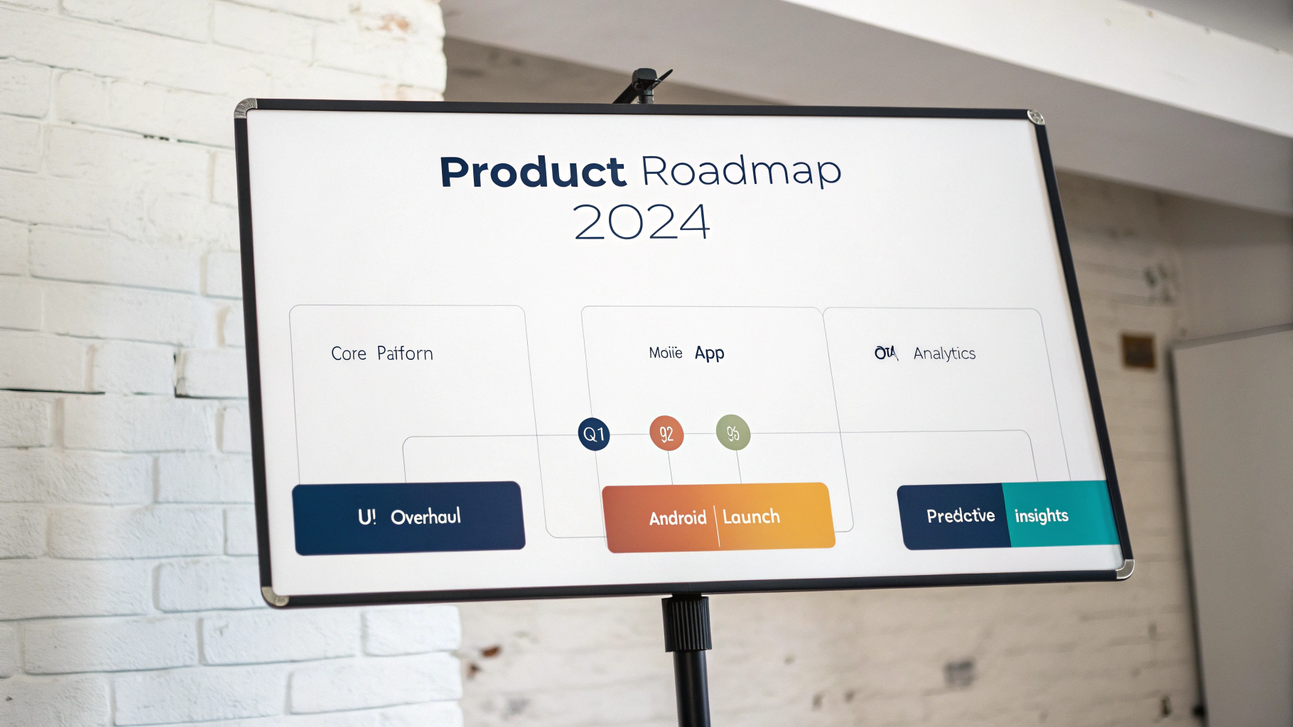 A professional mockup of a product roadmap presentation slide for the year 2024, set against a white background. The slide shows a timeline divided into quarters, with key initiatives like 'UI Overhaul' and 'Android Launch' planned for different product streams.