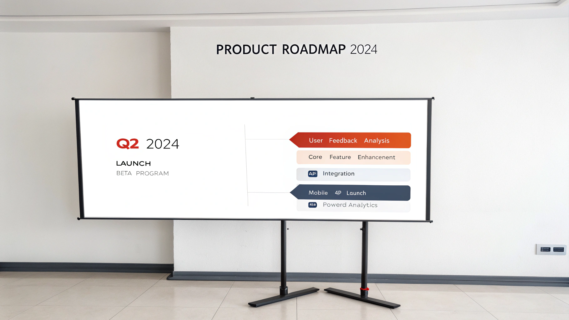 A professional product roadmap slide for 2024, showing key milestones and initiatives for each quarter on a clean, modern timeline.