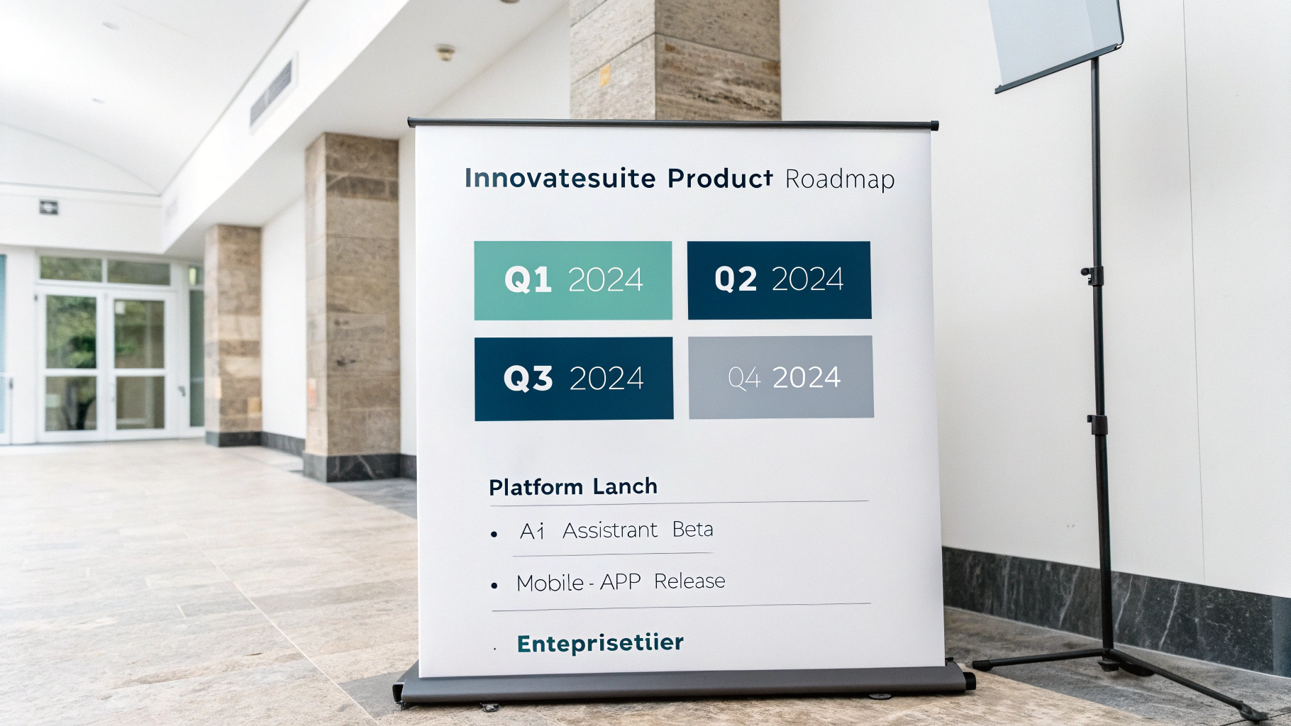 A modern and professional product roadmap slide for a fictional company, 'InnovateSuite'. The slide displays a timeline for 2024, broken into quarters, with key milestones clearly marked.