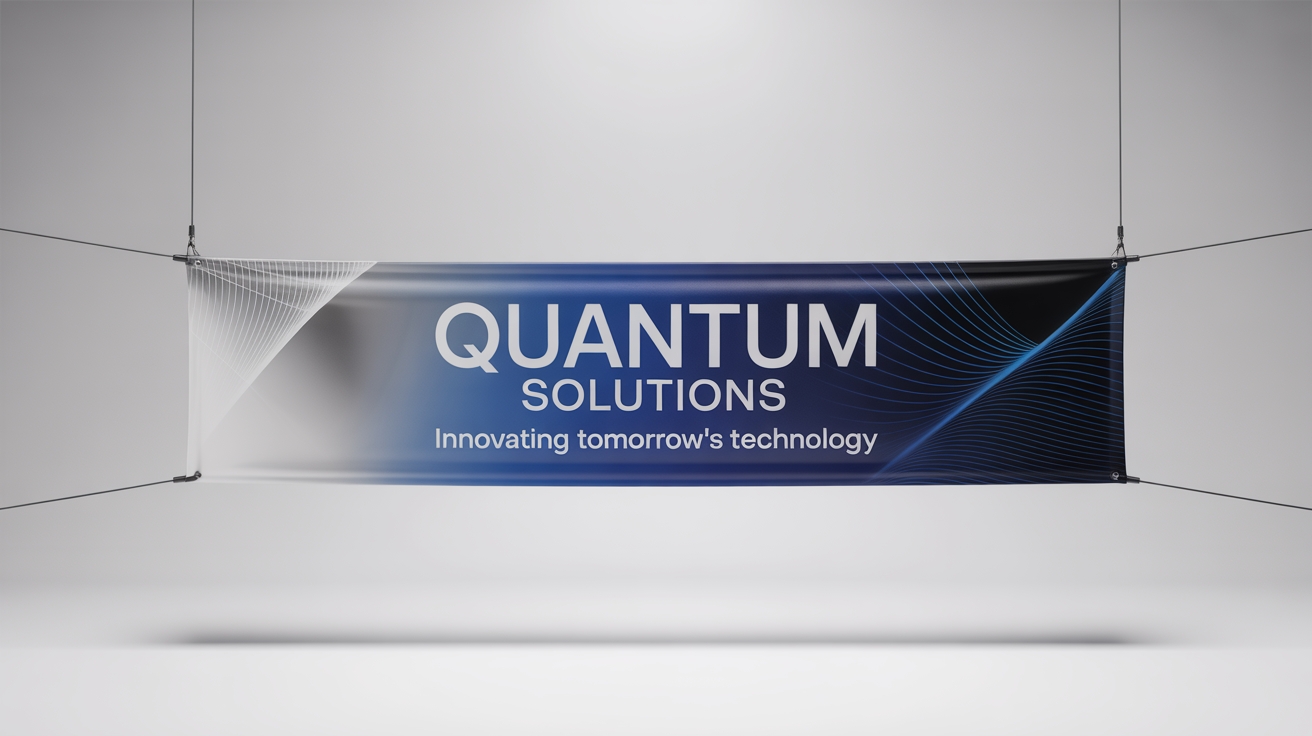 A professional business banner mockup for a tech company called 'Quantum Solutions' with the tagline 'Innovating Tomorrow's Technology', set against a white background.