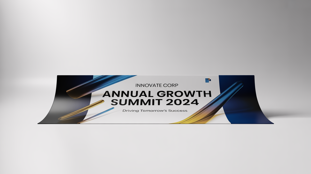 A professional business banner mockup for a corporate event, with the company name 'Innovate Corp' and the event title 'Annual Growth Summit 2024' displayed in a modern navy blue, white, and gold design.