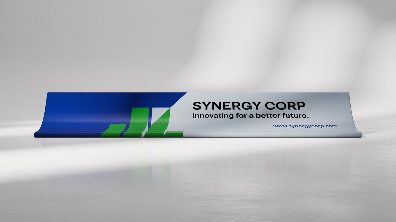 A professional mockup of a business banner for 'Synergy Corp' with the tagline 'Innovating for a Better Future', designed with blue, gray, and green geometric shapes on a white background.