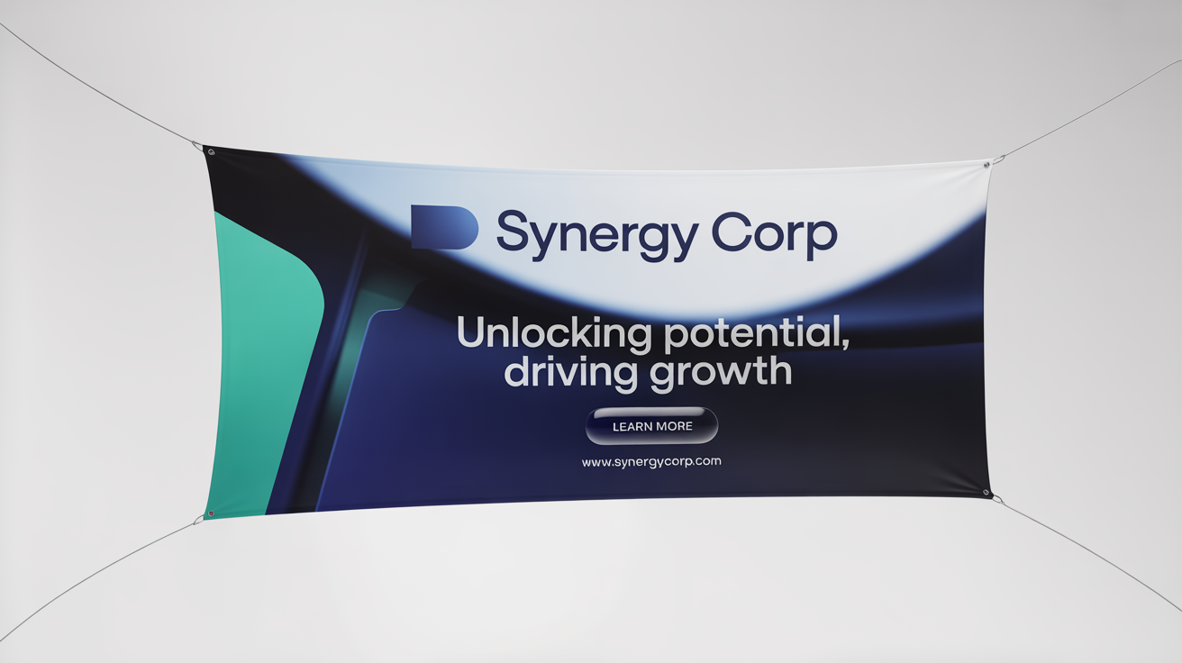 A professional business banner mockup for 'Synergy Corp' with the tagline 'Unlocking Potential, Driving Growth', set against a plain white background.