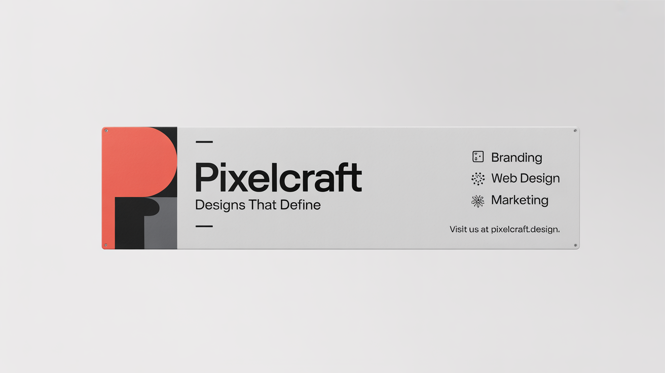 A professional business banner mockup for a creative agency named 'PixelCraft', showcasing branding, web design, and marketing services on a modern, minimalist background.