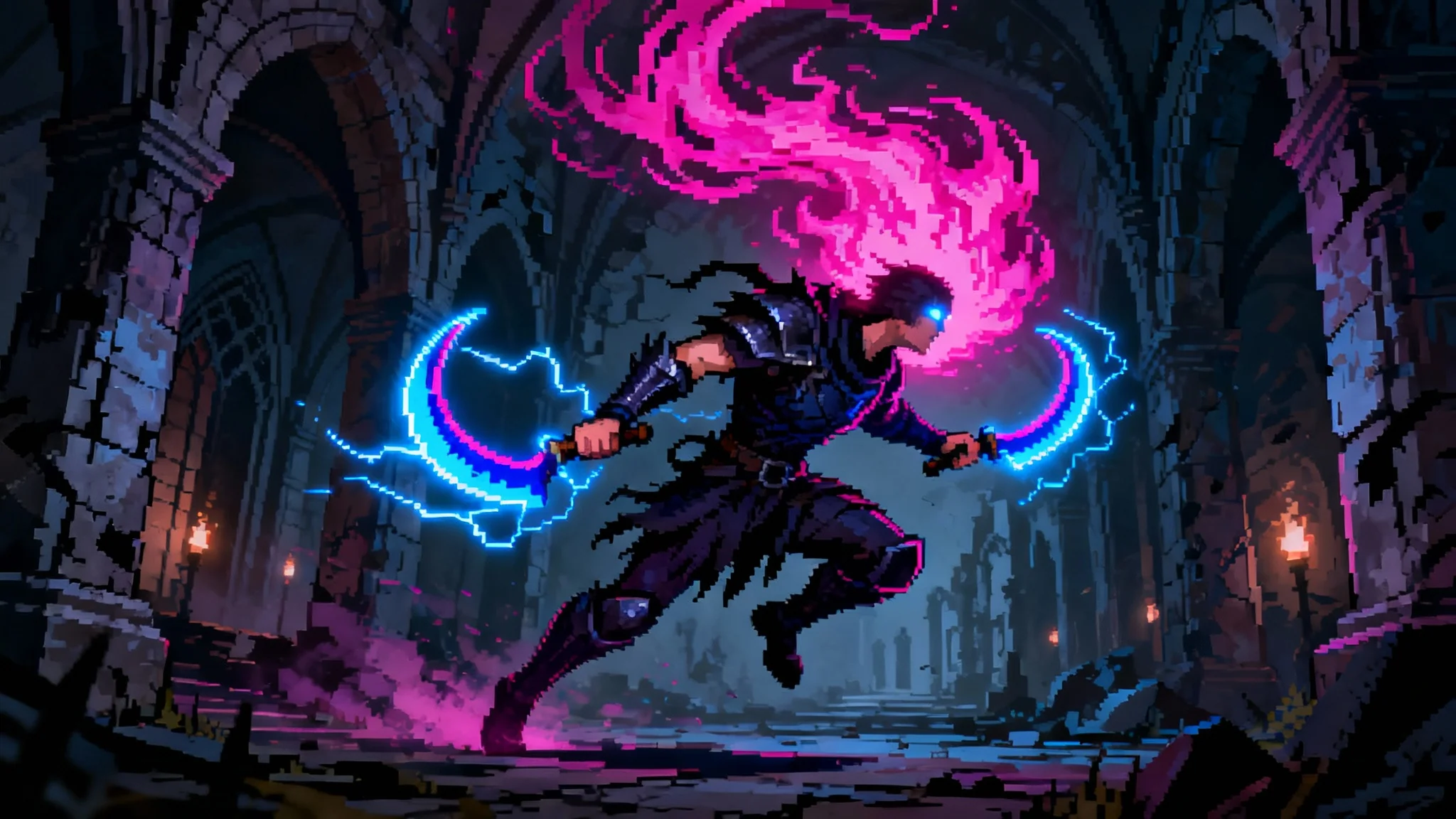 A finished concept art piece in the style of the video game 'Dead Cells', showing an agile character with a flaming head and glowing sickles dashing through a dark, ruined castle.