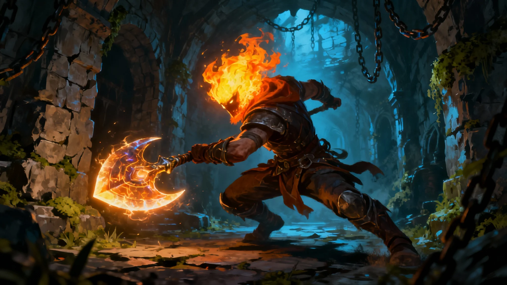 A piece of digital concept art for the game Dead Cells, showing the main character, The Beheaded, in a dynamic pose inside a dark dungeon, set against a stark white background.