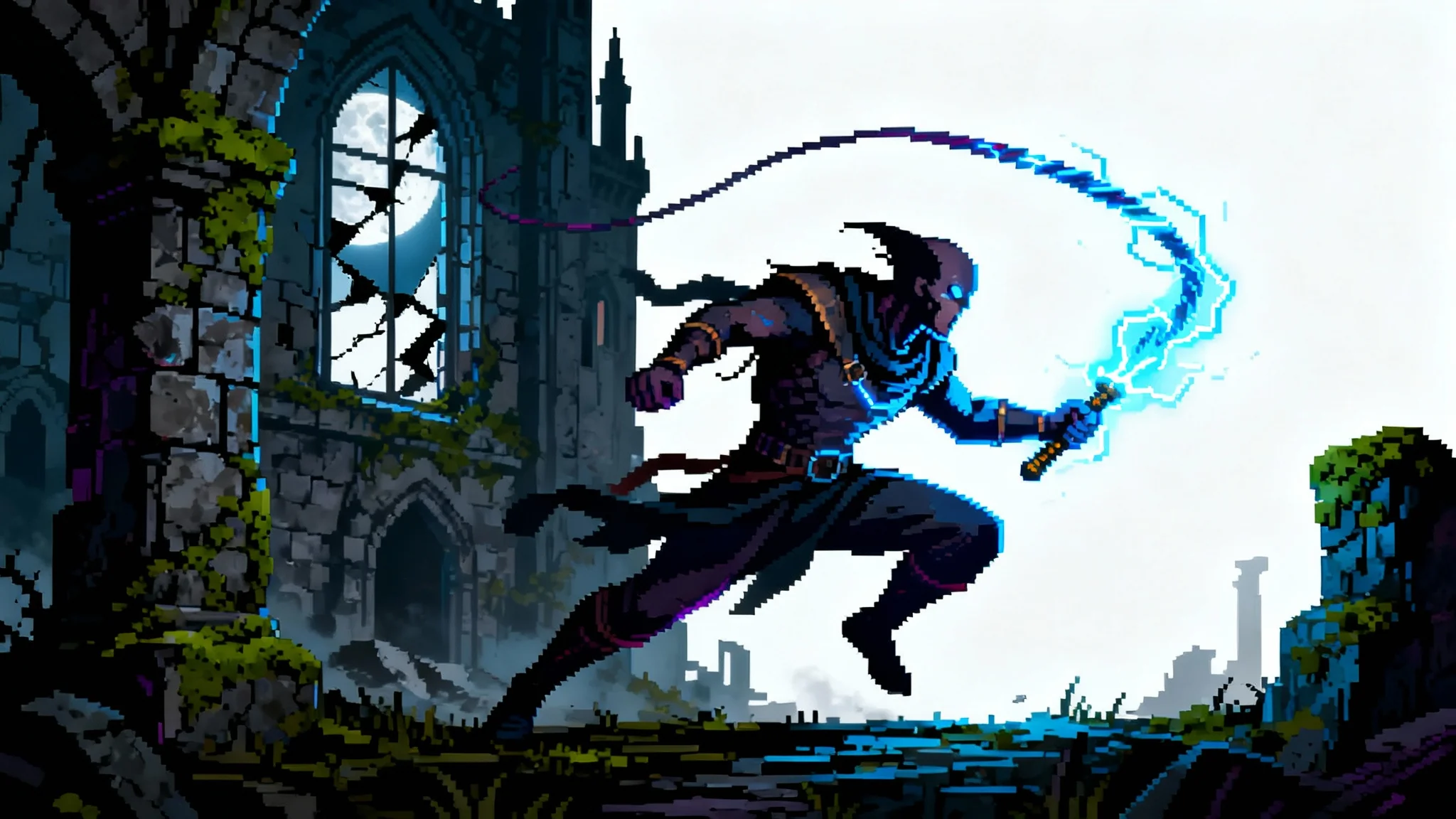 Concept art in the style of the game Dead Cells, showing the main character, The Beheaded, in a dark, ruined castle. He is in a dynamic pose, holding a glowing weapon.