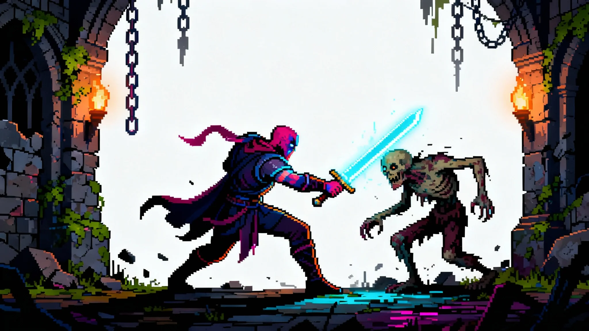 Concept art in the style of the video game Dead Cells, showing the headless protagonist with a flaming head fighting a zombie in a dark, stone dungeon. The art has a vibrant, pixelated look.