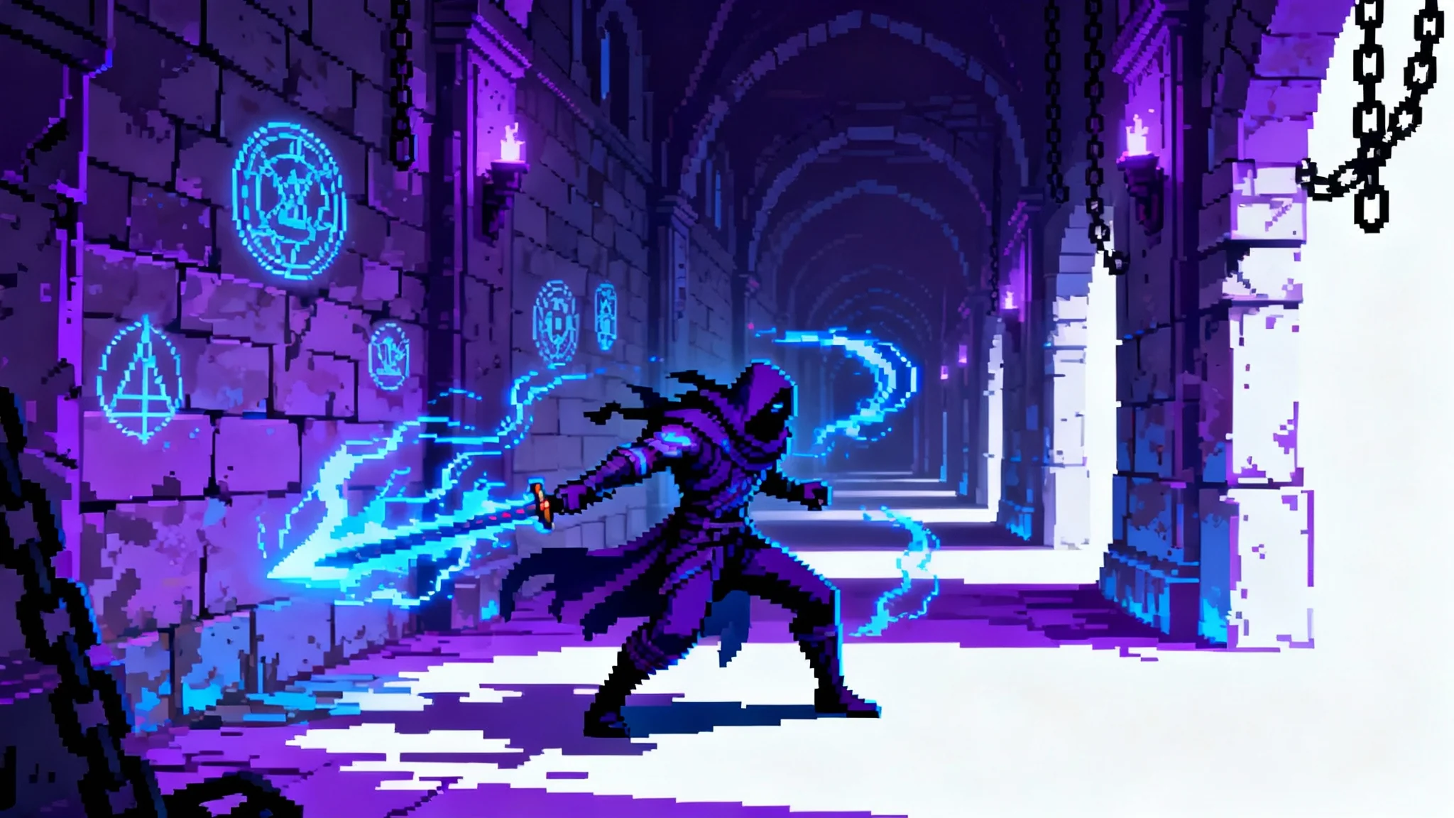 A piece of concept art in the style of the video game Dead Cells, featuring a dynamic character in a gothic dungeon, rendered in a vibrant, high-definition pixel art style.