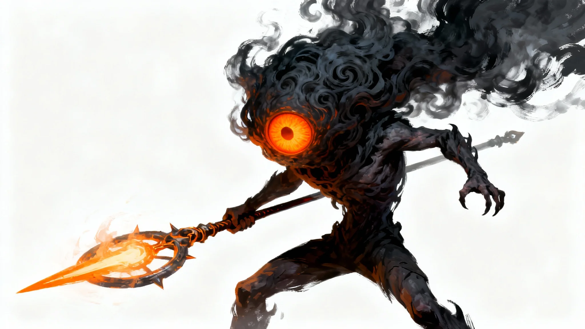 A digital painting of The Beheaded, the protagonist from the game Dead Cells, in a dynamic pose on a white background. The character has a single glowing eye and wields a flaming frying pan as a weapon.