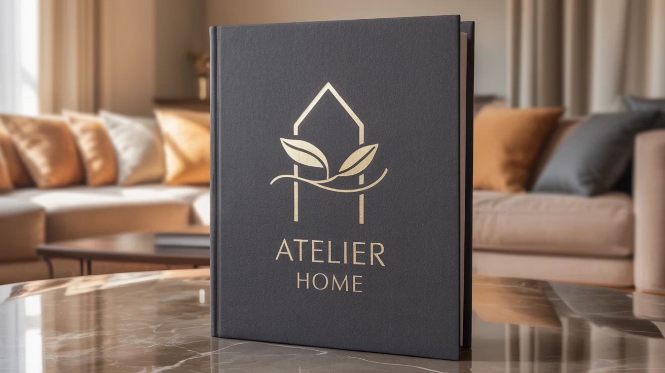 An elegant logo for a home decor brand named 'Atelier Home', beautifully embossed in gold foil on the cover of a charcoal gray catalog in a sophisticated setting.