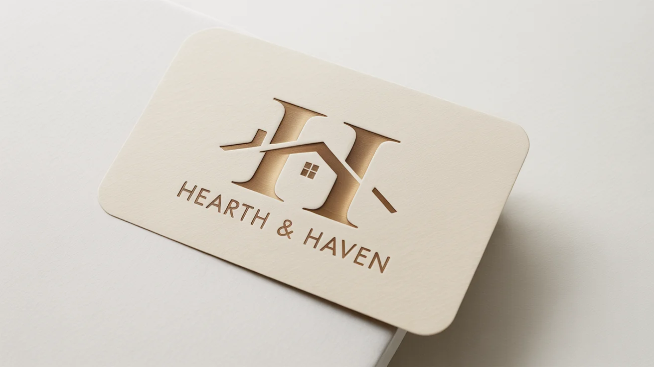 A mockup of an elegant home decor logo for the brand 'Hearth & Haven'. The logo, featuring a stylized house and the brand name, is embossed in gold foil on a cream paper tag against a plain white background.