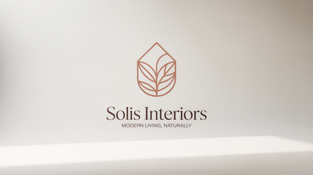 A minimalist logo for a home decor brand named 'Solis Interiors', featuring a stylized icon of a house and a leaf on a clean white background.