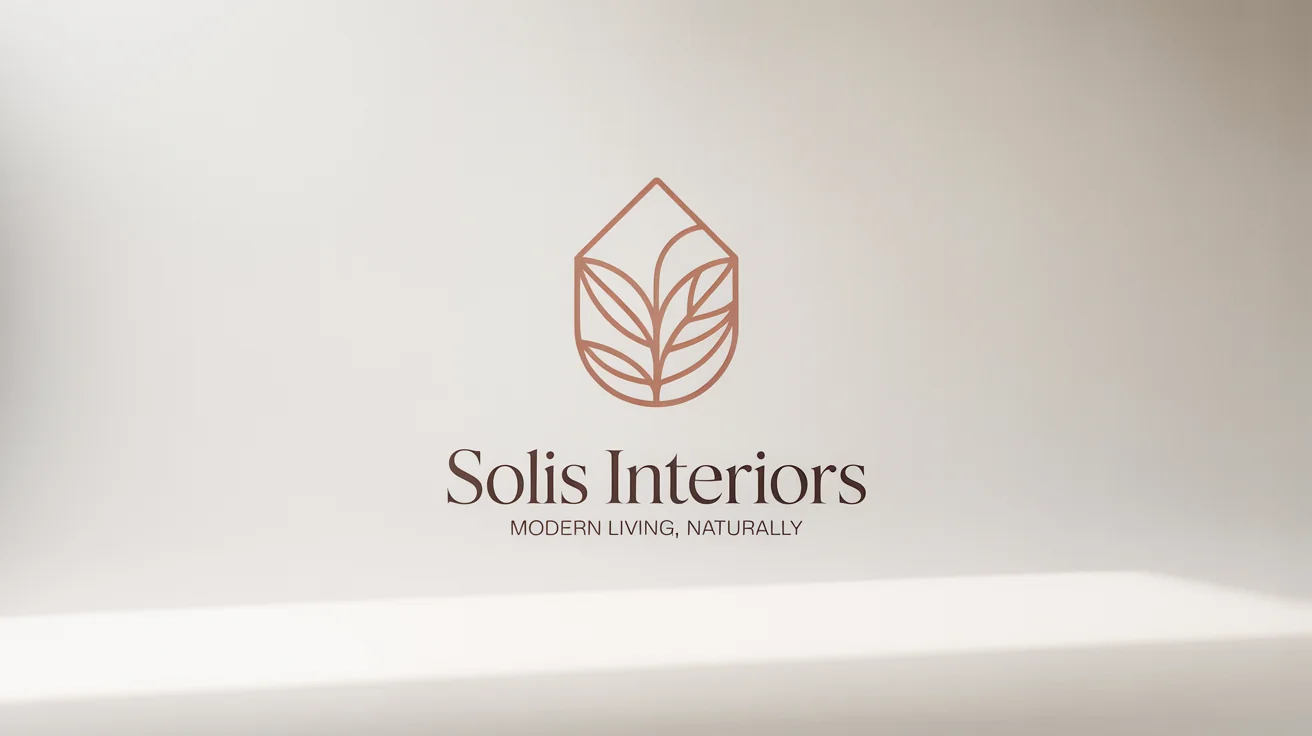 A minimalist logo for a home decor brand named 'Solis Interiors', featuring a stylized icon of a house and a leaf on a clean white background.